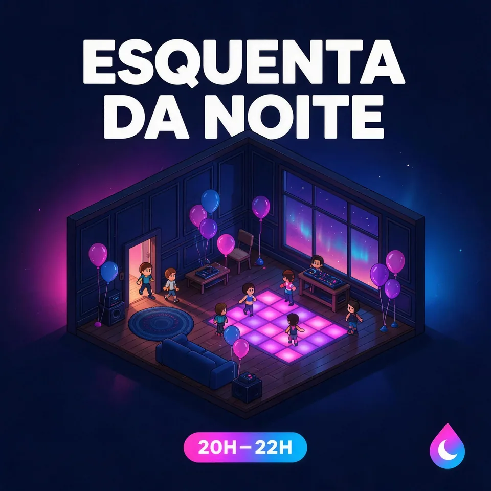 Capa do programa Esquenta da Noite: festa começando num quarto em pixel art