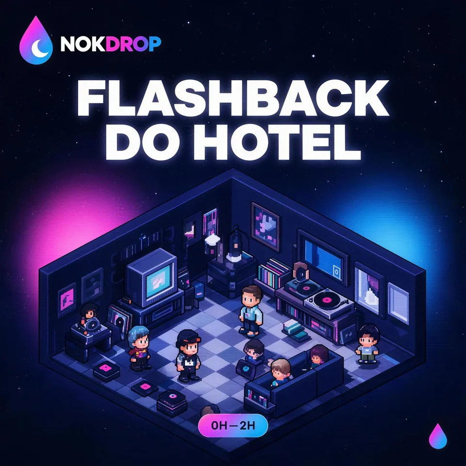 Capa do programa Flashback do Hotel: lobby retrô em pixel art