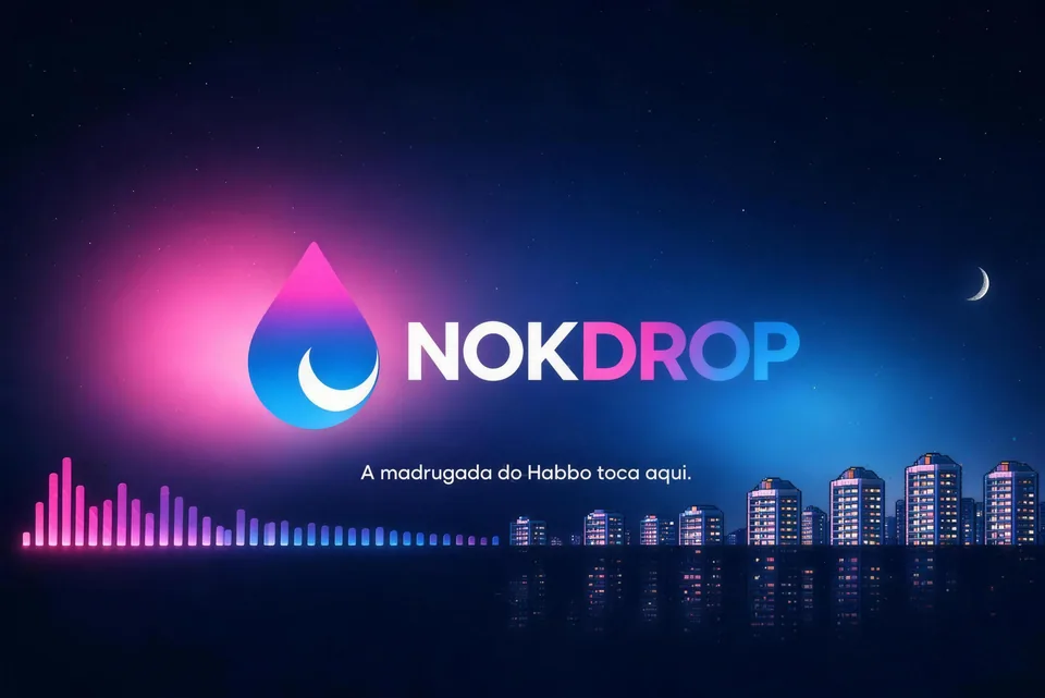 Logo da NokDrop com equalizador virando skyline