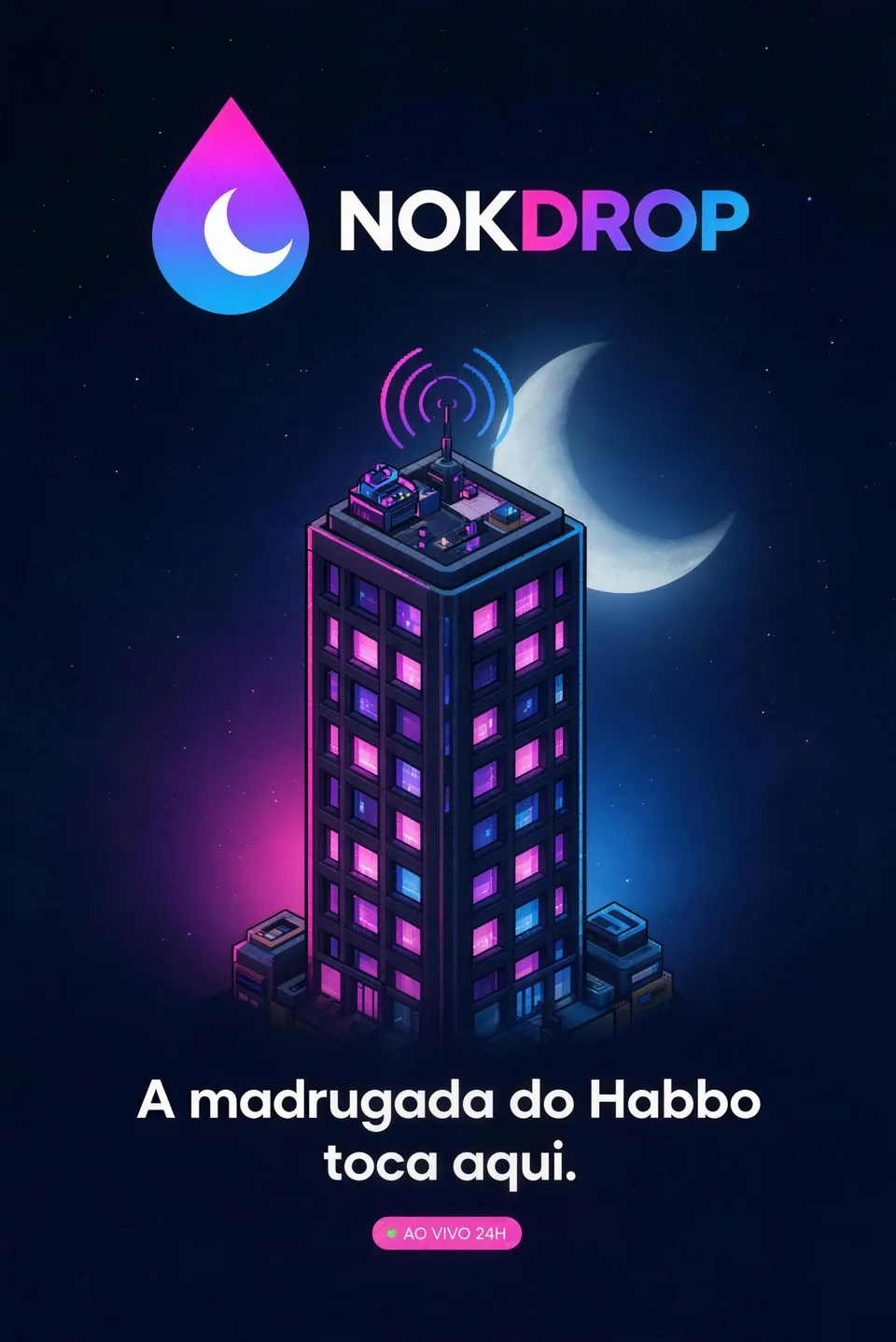 Prédio do hotel em pixel art com antena transmitindo e o logo da NokDrop