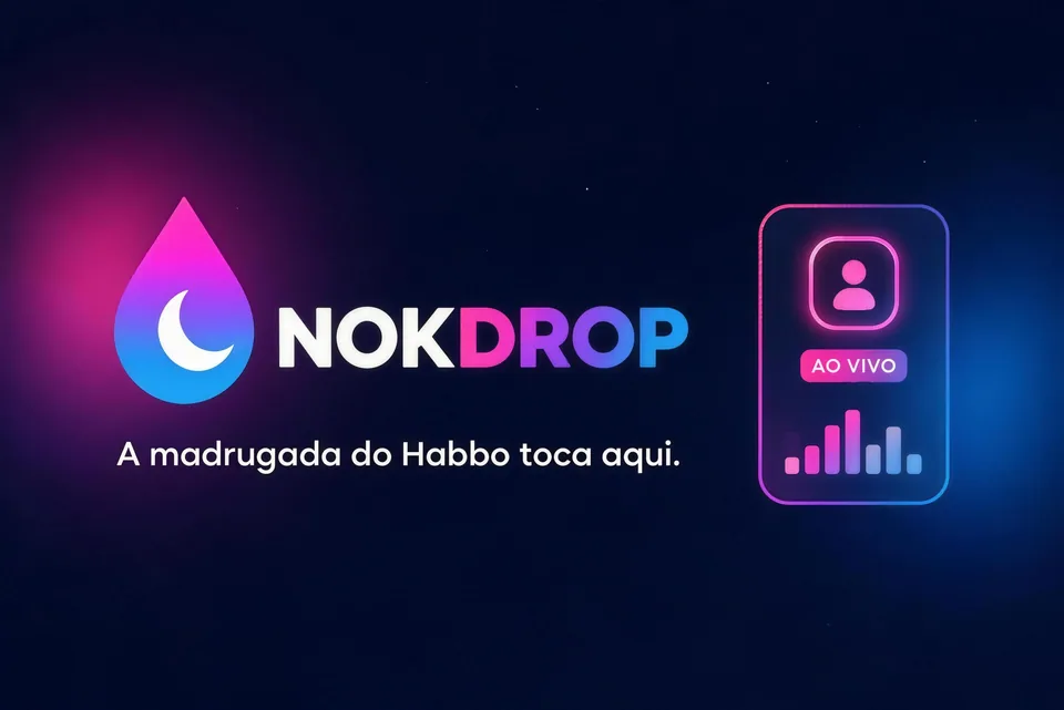 Logo da NokDrop e um card ao vivo com equalizador