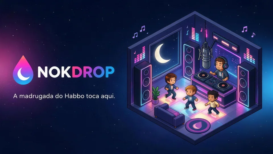 Estúdio da NokDrop em pixel art com o logo e a frase da rádio