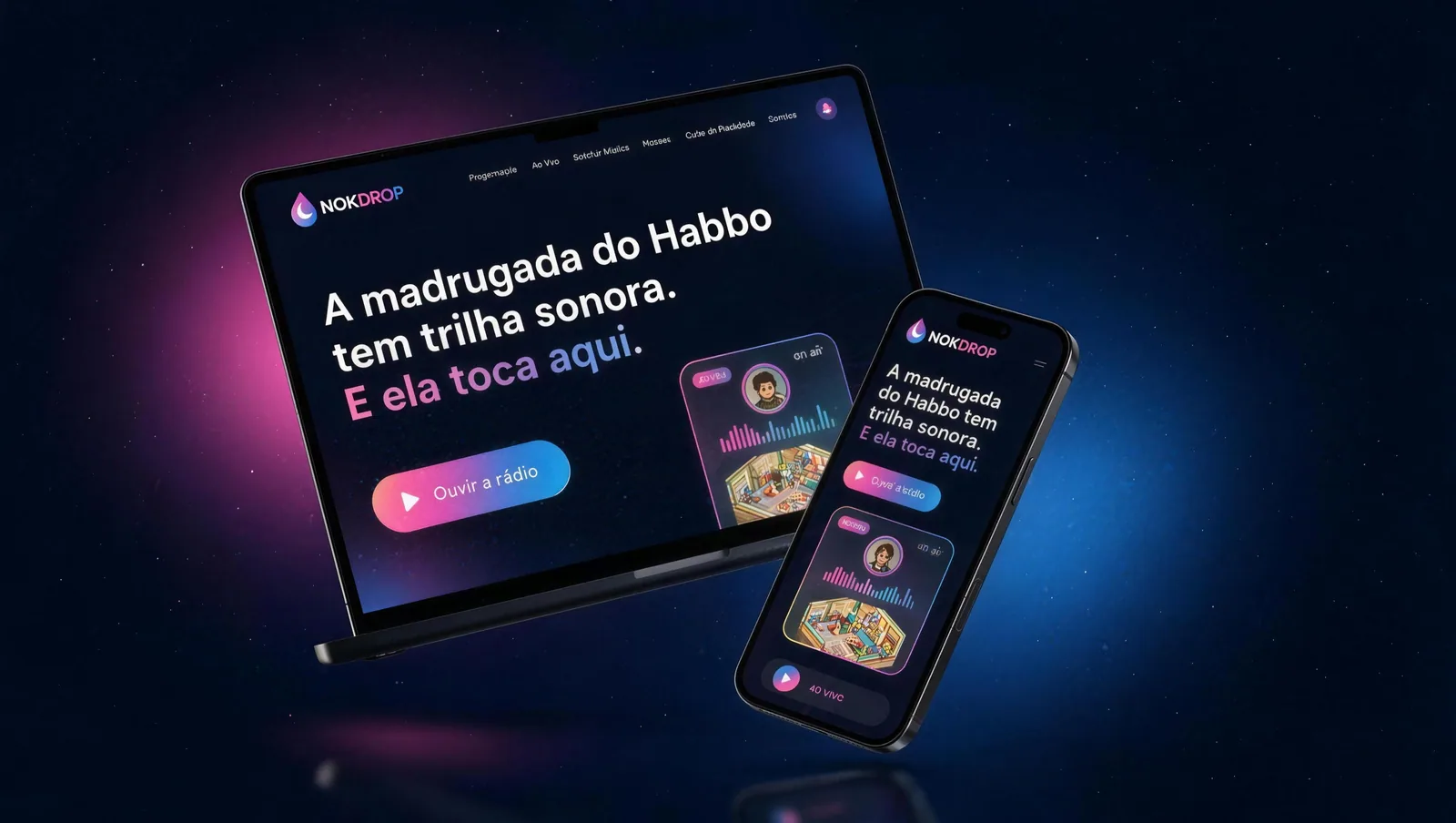 O site da NokDrop aberto num notebook e num celular