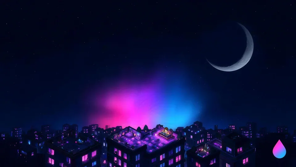Céu estrelado com lua e skyline do hotel em pixel art
